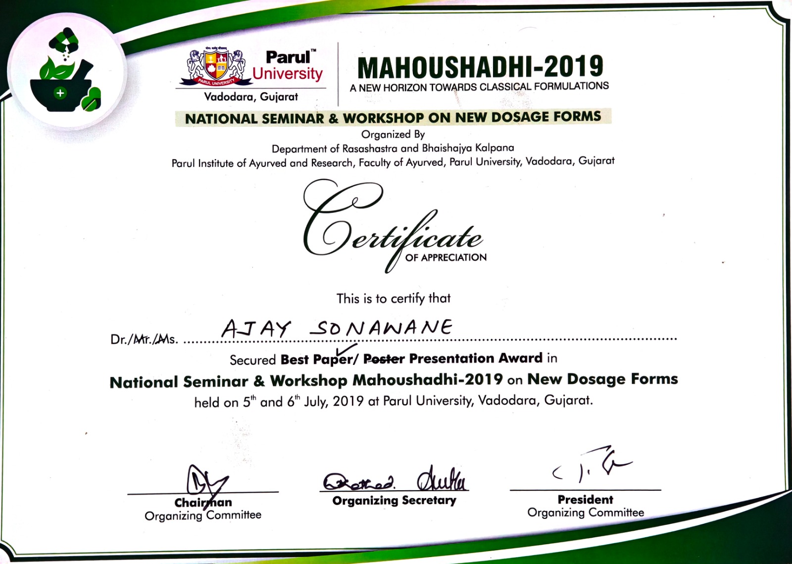 Mahoushadhi Best Paper Award